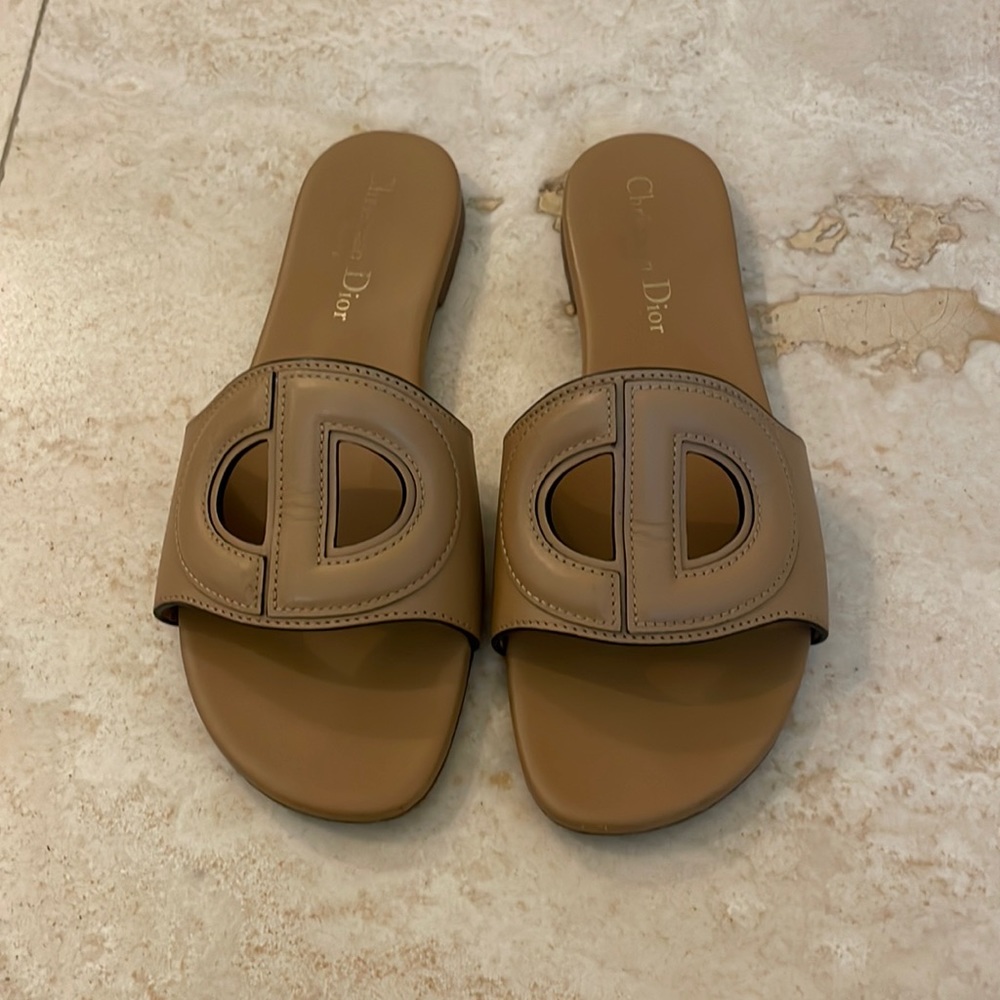 Christian Dior Slides Camel Brown Leather Gem